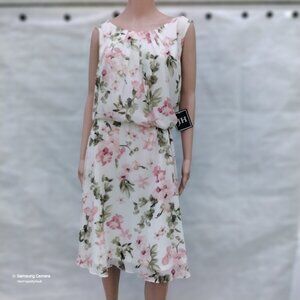 JH Ivory Floral Fit & Flare Lined Sleeveless Tie Belt Midi Dress NWT 22W